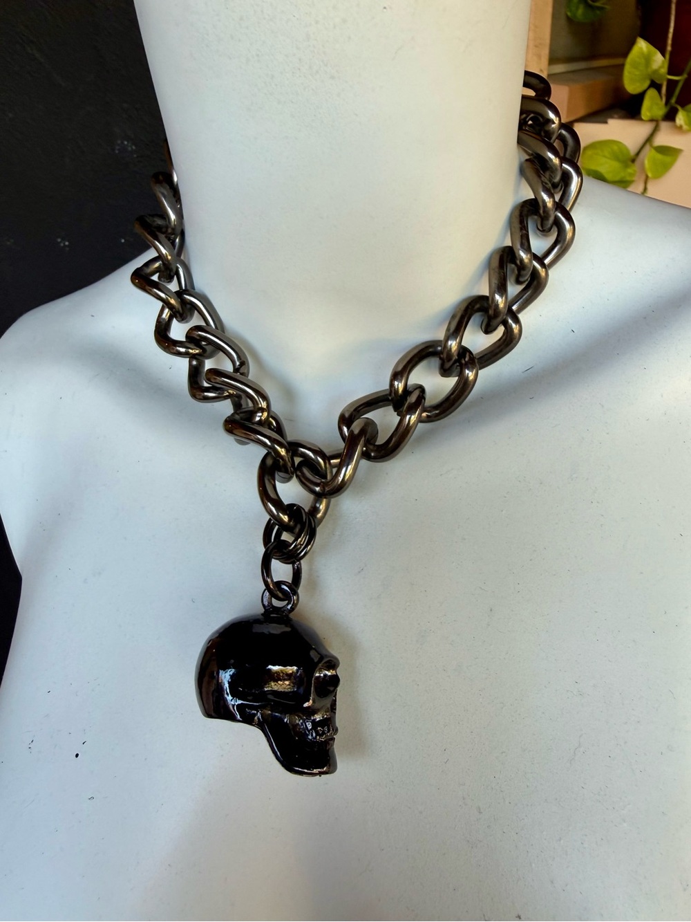 Chunky heavy Gunmetal Chain with heavy metal black skull necklace
